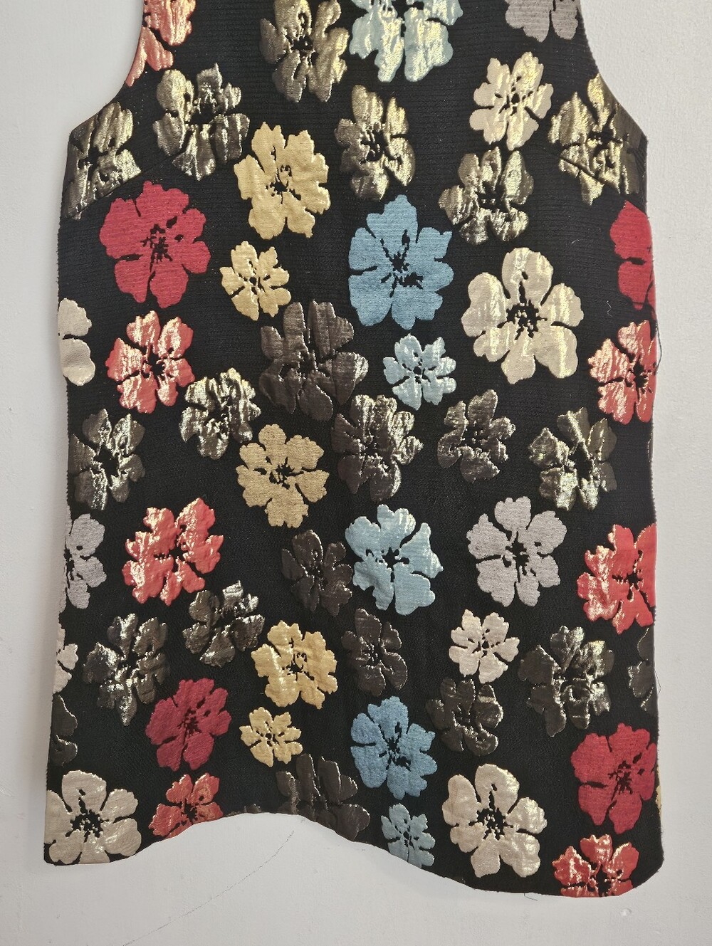 Floral Metallic Jacquard Shift Dress - Black with Multicolor Flowers - Picture 3 of 11